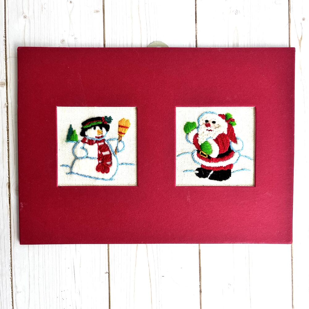 Vintage Miniature Christmas Stitchery Finished Piece Santa Snowman Matted Red